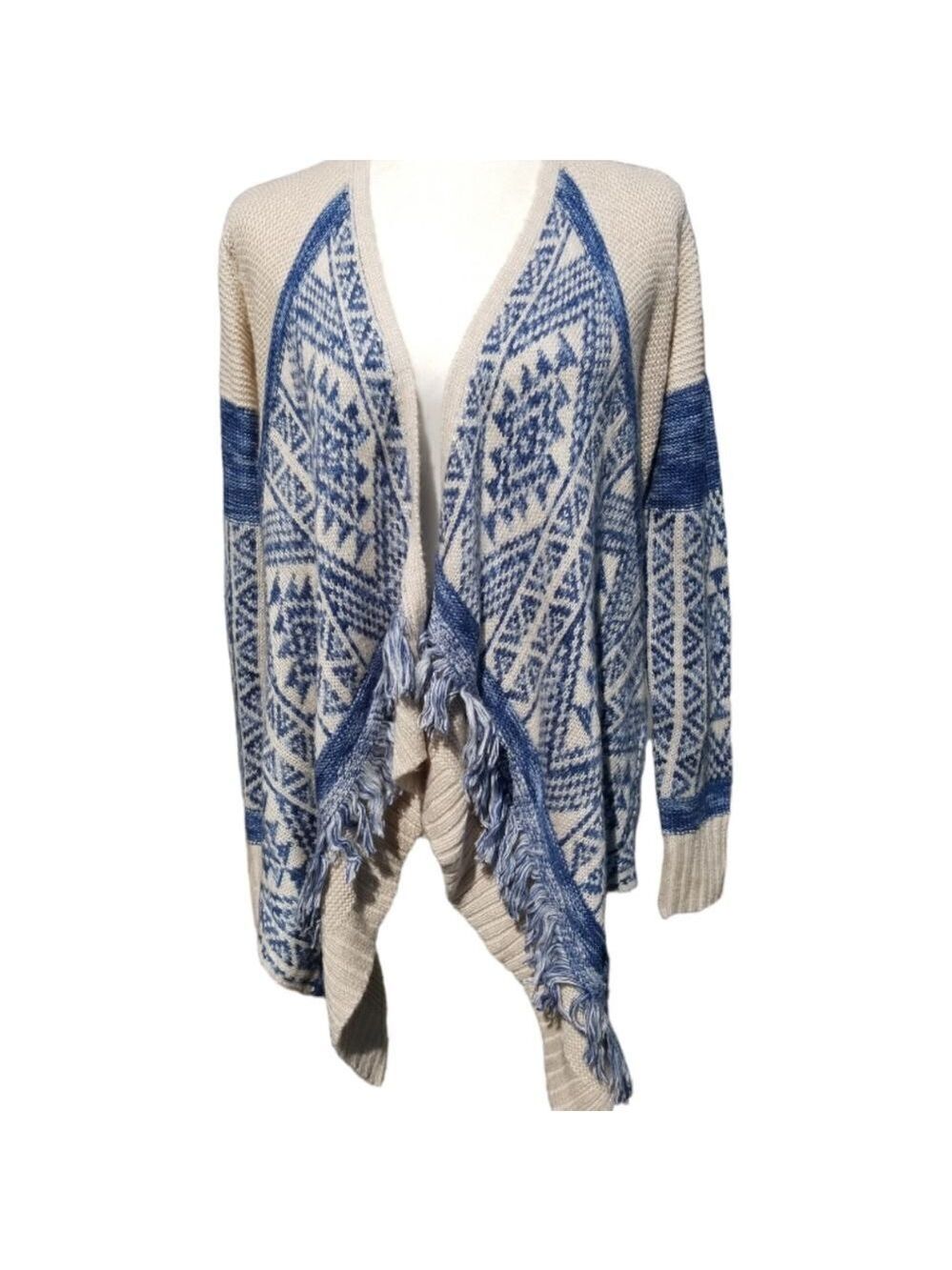 Lucky Brand Beige Blue Tight Knit Open Cardigan Size Small